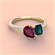 3 - Zahara 9x6 mm Pear Rhodolite Garnet and 7x5 mm Emerald Cut London Blue Topaz 2 Stone Duo Ring 