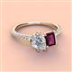 3 - Zahara IGI Certified 9x6 mm Pear Lab Grown Diamond and 7x5 mm Emerald Cut Rhodolite Garnet 2 Stone Duo Ring 