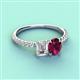 3 - Galina 7x5 mm Emerald Cut Forever Brilliant Moissanite and 8x6 mm Oval Rhodolite Garnet 2 Stone Duo Ring 