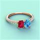 3 - Galina 7x5 mm Emerald Cut Ruby and 8x6 mm Oval Blue Topaz 2 Stone Duo Ring 