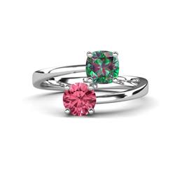 Jianna Cushion Lab Created Alexandrite and Round Pink Tourmaline Stone Promise Ring Cushion Lab Created Alexandrite and Round Pink Tourmaline ctw Women Bypass Stone Promise Ring K White Gold