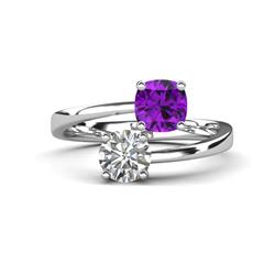 Jianna Cushion Amethyst and Round Forever One Moissanite Stone Promise Ring Cushion Amethyst and Round Forever One Moissanite ctw Women Bypass Stone Promise Ring Platinum