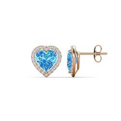 Ember ctw Heart Shape Blue Topaz and Round Natural Diamond Halo Stud Earrings Heart Blue Topaz and Round Natural Diamond ctw Women Heart Halo Stud Earrings K Rose Gold
