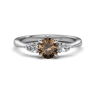 Zelia ctw Round Smoky Quartz and Pear Shape Natural Diamond Three Stone Engagement Ring