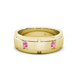 Laken ctw Round Pink Sapphire Satin Finished Center and Polished Edges with Grooved Lines Men Wedding Band Round Pink Sapphire ctw Satin Finished Center and Polished Edges with Grooved Lines Men Wedding Band K Yellow Gold