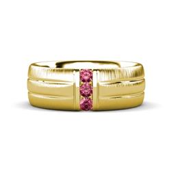 LeBron Round Pink Tourmaline with Brushed and Polished Finish Three Stone Mens Wedding Band Round Pink Tourmaline ctw with Brushed and Polished Finish set in a Channel setting Three Stone Mens Wedding Band K Yellow Gold