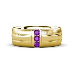 LeBron Round Amethyst with Brushed and Polished Finish Three Stone Mens Wedding Band Round Amethyst ctw with Brushed and Polished Finish set in a Channel setting Three Stone Mens Wedding Band K Yellow Gold