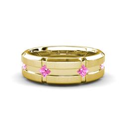 Adam Kite Set Evenly Spaced Princess Cut Natural Pink Sapphire Mens Wedding band Princess Cut Pink Sapphire ctw Kite Set Evenly Spaced in a Flush setting Four Stone Mens Wedding Band K Yellow Gold