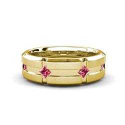 Adam Kite Set Evenly Spaced Princess Cut Pink Tourmaline Mens Wedding band Princess Cut Pink Tourmaline ctw Kite Set Evenly Spaced in a Flush setting Four Stone Mens Wedding Band K Yellow Gold
