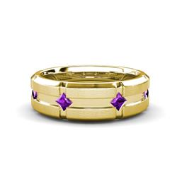 Adam Kite Set Evenly Spaced Princess Cut Amethyst Mens Wedding band Princess Cut Amethyst ctw Kite Set Evenly Spaced in a Flush setting Four Stone Mens Wedding Band K Yellow Gold