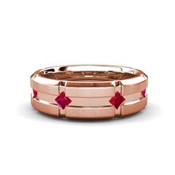 Adam Kite Set Evenly Spaced Princess Cut Ruby Mens Wedding band Princess Cut Ruby ctw Kite Set Evenly Spaced in a Flush setting Four Stone Mens Wedding Band K Rose Gold