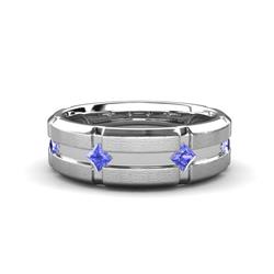 Adam Kite Set Evenly Spaced Princess Cut Tanzanite Mens Wedding band Princess Cut Tanzanite ctw Kite Set Evenly Spaced in a Flush setting Four Stone Mens Wedding Band K White Gold