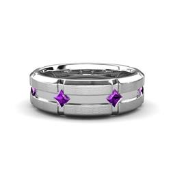 Adam Kite Set Evenly Spaced Princess Cut Amethyst Mens Wedding band Princess Cut Amethyst ctw Kite Set Evenly Spaced in a Flush setting Four Stone Mens Wedding Band K White Gold