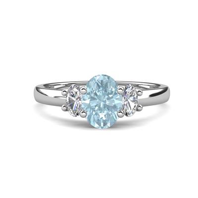 Gemma x Oval Cut Aquamarine and Lab Grown Diamond Trellis Three Stone Engagement Ring