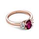 2 - Gemma 8x6 mm Oval Cut Rhodolite Garnet and Lab Grown Diamond Trellis Three Stone Engagement Ring 