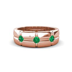 Isaac ctw Emerald Cross Patterned Men Band ctw Three Round Emerald High Polished Cross Patterned Channel Set Men Wedding Band in K Rose Gold