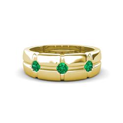 Isaac ctw Emerald Cross Patterned Men Band ctw Three Round Emerald High Polished Cross Patterned Channel Set Men Wedding Band in K Yellow Gold