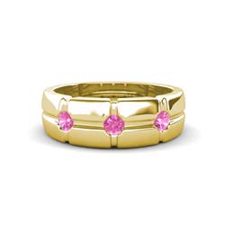 Isaac ctw Pink Sapphire Cross Patterned Men Band ctw Three Round Pink Sapphire High Polished Cross Patterned Channel Set Men Wedding Band in K Yellow Gold