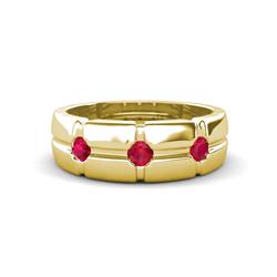 Isaac ctw Ruby Cross Patterned Men Band ctw Three Round Ruby High Polished Cross Patterned Channel Set Men Wedding Band in K Yellow Gold