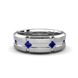 Adam Kite Set Evenly Spaced Princess Cut Blue Sapphire Mens Wedding band Princess Cut Blue Sapphire ctw Kite Set Evenly Spaced in a Flush setting Four Stone Mens Wedding Band K White Gold