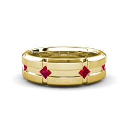 Adam Kite Set Evenly Spaced Princess Cut Ruby Mens Wedding band Princess Cut Ruby ctw Kite Set Evenly Spaced in a Flush setting Four Stone Mens Wedding Band K Yellow Gold