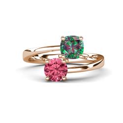 Jianna Cushion Lab Created Alexandrite and Round Pink Tourmaline Stone Promise Ring Cushion Lab Created Alexandrite and Round Pink Tourmaline ctw Women Bypass Stone Promise Ring K Rose Gold