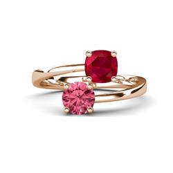 Jianna Cushion Lab Created Ruby and Round Pink Tourmaline Stone Promise Ring Cushion Lab Created Ruby and Round Pink Tourmaline ctw Women Bypass Stone Promise Ring K Rose Gold