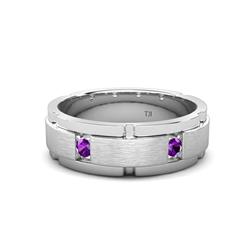 Laken ctw Round Amethyst Satin Finished Center and Polished Edges with Grooved Lines Men Wedding Band Round Amethyst ctw Satin Finished Center and Polished Edges with Grooved Lines Men Wedding Band K White Gold