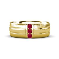 LeBron ctw Round Ruby with Brushed and Polished Finish Three Stone Mens Wedding Band Round Ruby with Brushed and Polished Finish set in a Channel setting Three Stone Mens Wedding Band K Yellow Gold