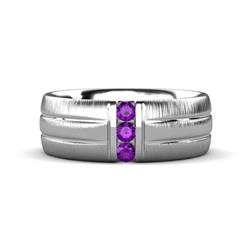LeBron Round Amethyst with Brushed and Polished Finish Three Stone Mens Wedding Band Round Amethyst ctw with Brushed and Polished Finish set in a Channel setting Three Stone Mens Wedding Band K White Gold