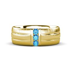 LeBron Round Blue Topaz with Brushed and Polished Finish Three Stone Mens Wedding Band Round Blue Topaz ctw with Brushed and Polished Finish set in a Channel setting Three Stone Mens Wedding Band K Yellow Gold