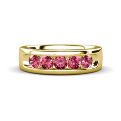 Irvin ctw Pink Tourmaline stone Comfort Fit Men Wedding Band ctw Round Pink Tourmaline using Channel setting Men Wedding Band in K Yellow Gold
