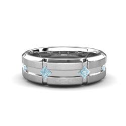 Adam Kite Set Evenly Spaced Princess Cut Aquamarine Mens Wedding band Princess Cut Aquamarine ctw Kite Set Evenly Spaced in a Flush setting Four Stone Mens Wedding Band Sterling Silver