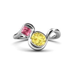 Nerida ctw Cushion Shape Created Yellow Sapphire and Princess Shape Pink Tourmaline Women Toi Et Moi Wave Engagement Ring ctw Cushion Shape Created Yellow Sapphire and Princess Shape Pink Tourmaline Women Stone Duo Wave Engagement Ring in K White Gold