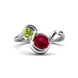 Nerida ctw Cushion Shape Created Ruby and Princess Shape Peridot Women Toi Et Moi Wave Engagement Ring ctw Cushion Shape Created Ruby and Princess Shape Peridot Women Two Stone Duo Wave Engagement Ring in K White Gold