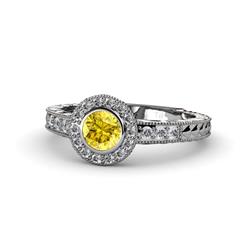 Meir Lab Created Yellow Sapphire and Diamond Halo Engagement Ring Lab Created Yellow Sapphire and Diamond Engraved Womens Halo Engagement Ring ctw Platinum