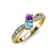 4 - Nicia Amethyst and Blue Topaz with Side Diamonds Bypass Ring 