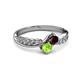 3 - Nicia Red Garnet and Peridot with Side Diamonds Bypass Ring 
