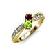 4 - Nicia Red Garnet and Peridot with Side Diamonds Bypass Ring 