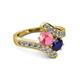2 - Eleni Pink Tourmaline and Blue Sapphire with Side Diamonds Bypass Ring 