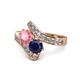 1 - Eleni Pink Tourmaline and Blue Sapphire with Side Diamonds Bypass Ring 