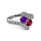2 - Eleni Amethyst and Ruby with Side Diamonds Bypass Ring 
