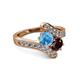 2 - Eleni Blue Topaz and Red Garnet with Side Diamonds Bypass Ring 