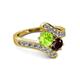 2 - Eleni Peridot and Red Garnet with Side Diamonds Bypass Ring 
