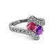 2 - Eleni Rhodolite Garnet and Amethyst with Side Diamonds Bypass Ring 