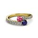 2 - Delise 5.00mm Round Pink Tourmaline and Blue Sapphire with Side Diamonds Bypass Ring 
