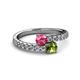 2 - Delise 5.00mm Round Pink Tourmaline and Peridot with Side Diamonds Bypass Ring 