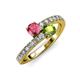 3 - Delise 5.00mm Round Pink Tourmaline and Peridot with Side Diamonds Bypass Ring 