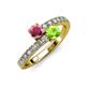 3 - Delise 5.00mm Round Rhodolite Garnet and Peridot with Side Diamonds Bypass Ring 