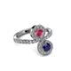 3 - Kevia Blue Sapphire and Rhodolite Garnet with Side Diamonds Bypass Ring 